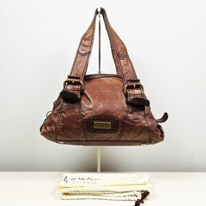 Fossil Fifty Four Whiskey Brown Leather Chunky Buckle Zipper Shoulder Bag